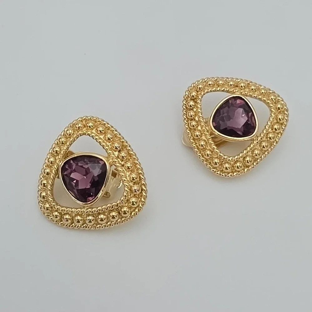 Vtg Signed SWAROVSKI Triangular Earrings Clip-On Amethyst Crystal 18k Gold Plate - Picture 13 of 14